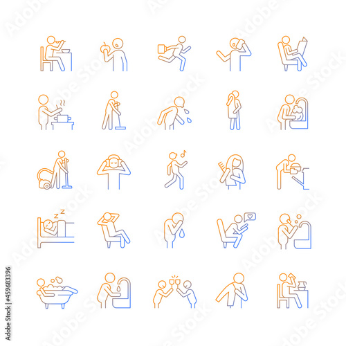 Human behaviour gradient linear vector icons set. Activities of daily living. Household duties. Day-to-day routine. Thin line contour symbols bundle. Isolated outline illustrations collection