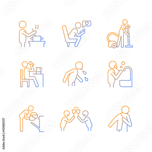 Day-to-day routine gradient linear vector icons set. Activities of daily living. Habitual patterns of human behavior. Thin line contour symbols bundle. Isolated outline illustrations collection