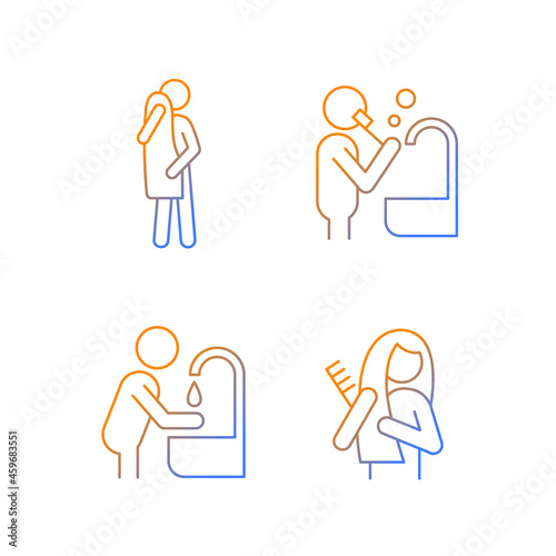 Day-to-day life gradient linear vector icons set. Healthy living. Everyday hygiene procedures. Activities of daily living. Thin line contour symbols bundle. Isolated outline illustrations collection
