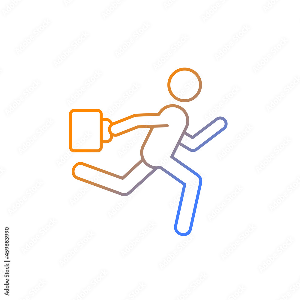 Hurry gradient linear vector icon. Running man with bag in hand. Being late for work, meeting, appointment. Thin line color symbol. Modern style pictogram. Vector isolated outline drawing