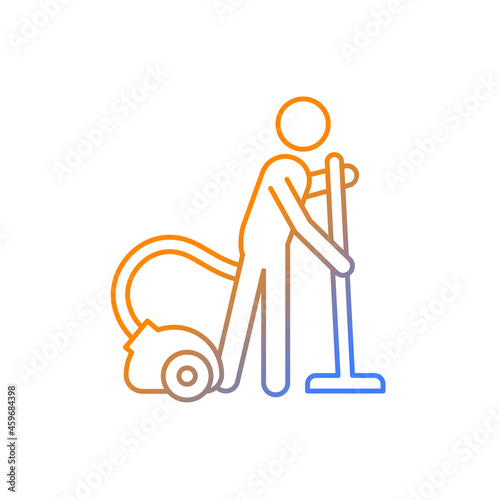 Vacuum cleaner gradient linear vector icon. Person with vacuum cleaner. Maintain cleanliness in apartment. Thin line color symbol. Modern style pictogram. Vector isolated outline drawing