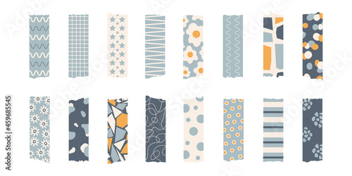 Trendy set of colorful stylish washi tape isolated on a white background. Vector stripes and pieces of duct paper, or scotch with different print	
