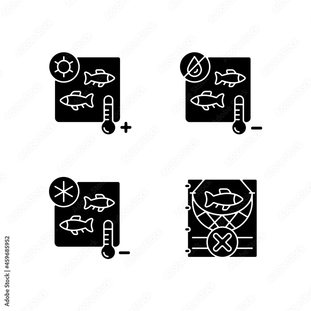 Fish products sterilization black glyph icons set on white space. Heating treatment and freeze drying. Commercial processing. Illegal fishing. Silhouette symbols. Vector isolated illustration