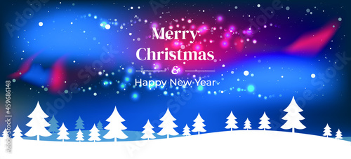 Winter landscape with fir trees, snow, deers, houses. Merry Christmas and Happy New Year background