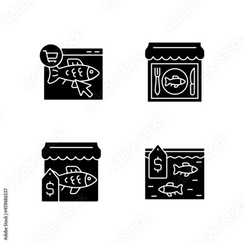 Seafood product selling black glyph icons set on white space. Fishing industry. Fish market and online shop. Marine products supermarket. Silhouette symbols. Vector isolated illustration