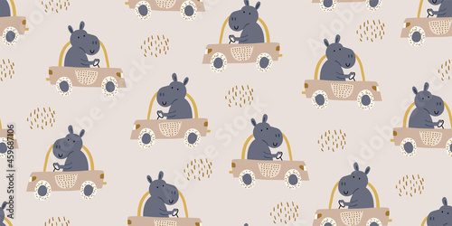 Vector seamless pattern with hippos driving a car with polka dots. Scandinavian style kids pattern, perfect for kids textile, print for boys and girls