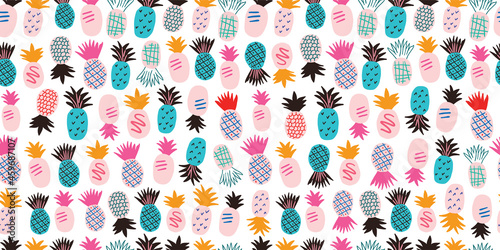 Colorful minimalistic abstract pineapples seamless pattern on white background. Stylish tropical doodle vector pattern. tropical pattern in scandinavian style