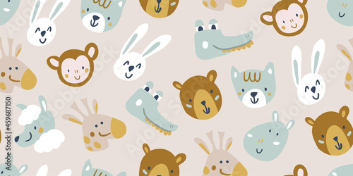 Vector seamless pattern with cute animal faces - bear, crocodile, giraffe, lama, hippo, monkey, cat, rabbit on beige background. childish seamless pattern for boys and girls