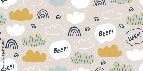 Kids hand drawn colorful seamless pattern with rainbows, clouds, beep sign. Scandinavian design. Print for babys design. Kids pattern