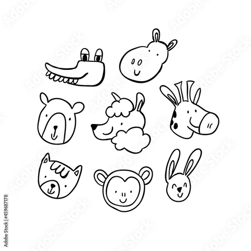 Hippo, giraffe, bear, cat, monkey, lama, rabbit, crocodile round face head icon set - ink black and white doodle style. Cute farm, forest animals. Cute cartoon character. Funny baby kids print