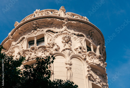 Modernist building. Palace Longoria. SGAE Cultural headquarter. Outstanding facade. Madrid. Spain.