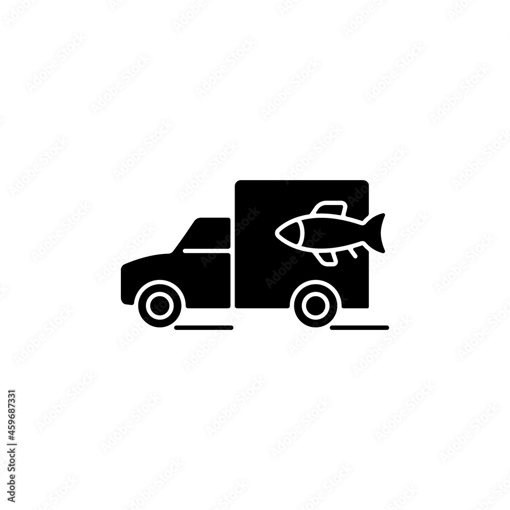 Fish transporting black glyph icon. Commercial transportation of aquaculture products. Seafood products supply. Fresh and frozen fish. Silhouette symbol on white space. Vector isolated illustration Fish transporting black glyph icon. Commercial transportation of aquaculture products. Seafood products supply. Fresh and frozen fish. Silhouette symbol on white space. Vector isolated illustration