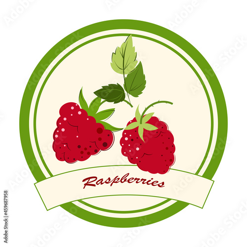 Raspberries Jam and Marmalade Label. Ripe Berries for Jam, Dessert and Marmalade. Flat style. Vector Illustration.