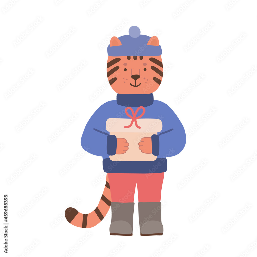 A cute little tiger cub in a sweater stands and holds a gift. A character for a greeting card, New Year's design, isolated, vector