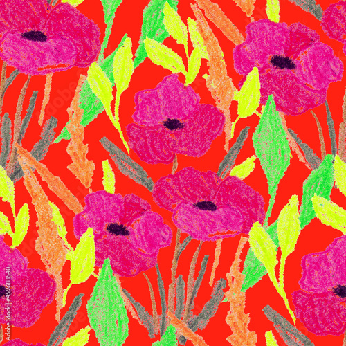 Creative seamless pattern with abstract flowers drawn with wax crayons. Brigh...