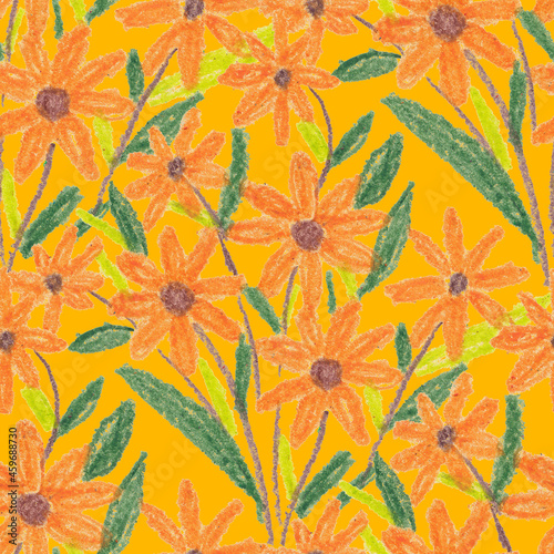 Creative seamless pattern with abstract flowers drawn with wax crayons. Brigh...