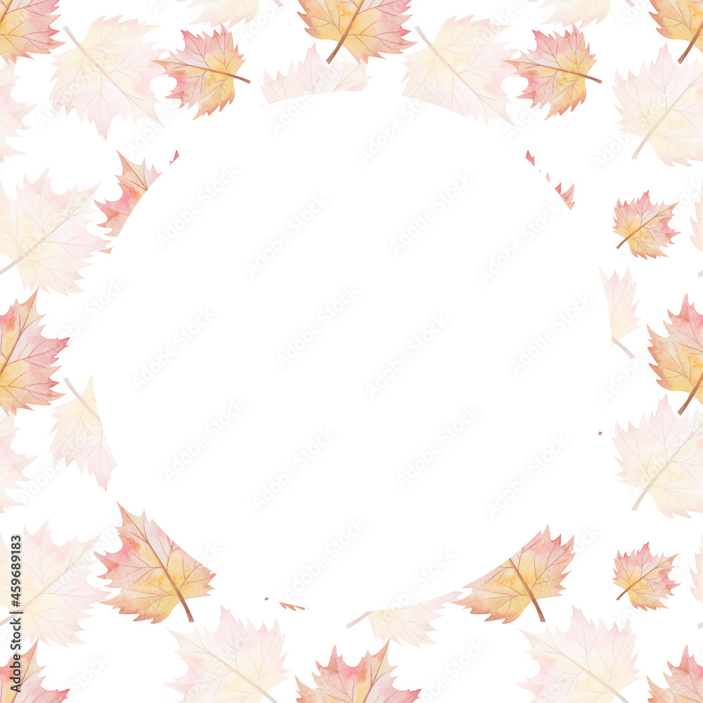 Frame from watercolor illustration hand painted of maple tree leaves in autumn yellow, red colors isolated on white. Forest nature blank card template for party, wedding invitations, greeting postcard