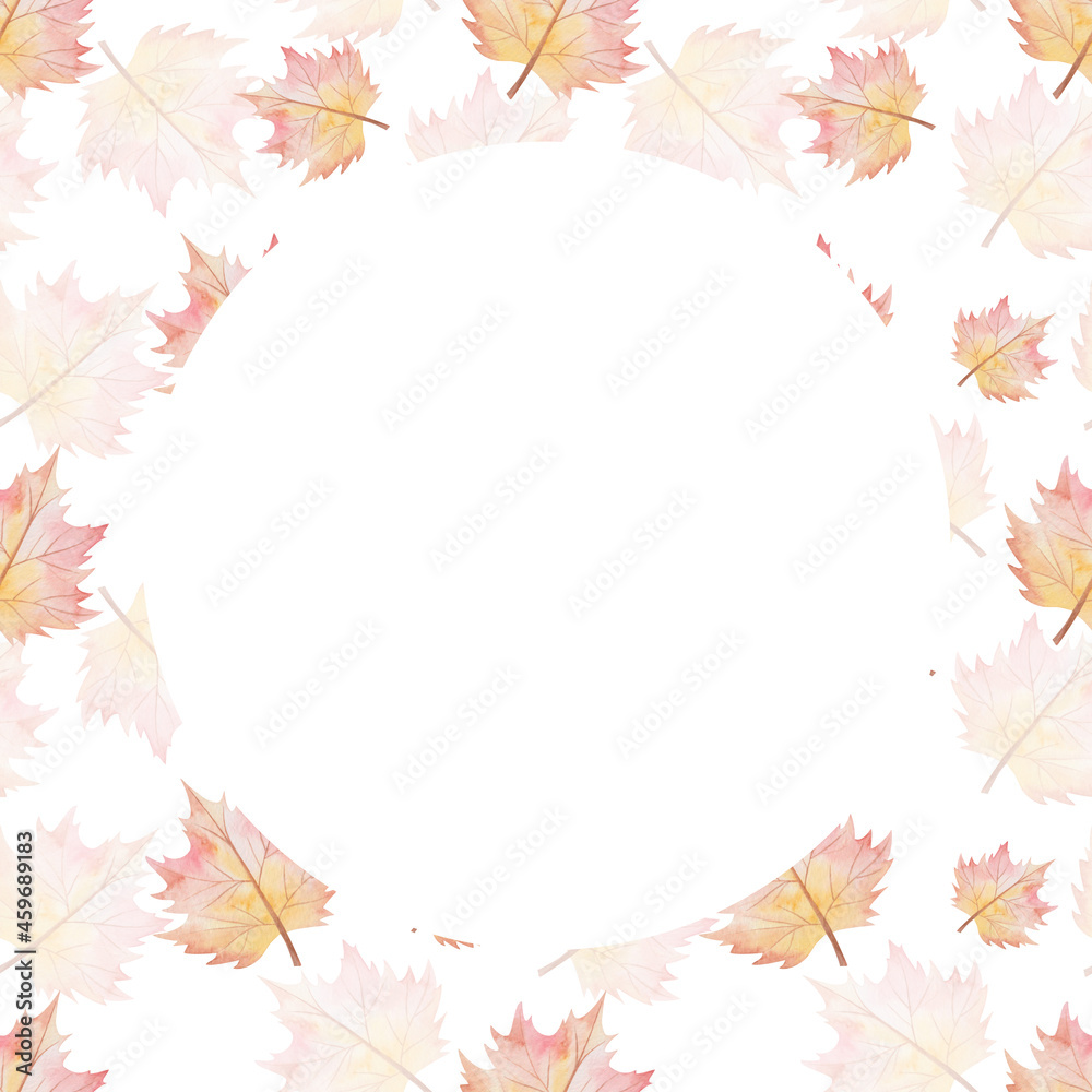 Frame from watercolor illustration hand painted of maple tree leaves in autumn yellow, red colors isolated on white. Forest nature blank card template for party, wedding invitations, greeting postcard Frame from watercolor illustration hand painted of maple tree leaves in autumn yellow, red colors isolated on white. Forest nature blank card template for party, wedding invitations, greeting postcard