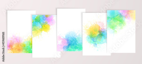 Watercolor effect vector stains. Grunge splatter backgrounds set. Paint stains. Watercolor splatter posters, wall art or greeting cards. Grunge colorful paint drops overlay.