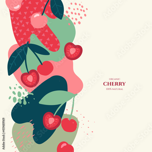 Vector frame with doodle cherry and abstract elements. Hand drawn illustrations.