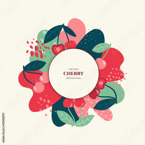 Vector frame with doodle cherry and abstract elements. Hand drawn illustrations.