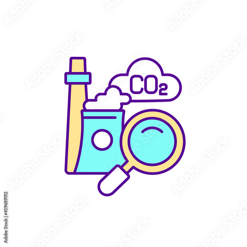 Industrial carbon emissions monitoring RGB color icon. Manufacturing industry. Controlling greenhouse gas emissions. Fossil fuels combustion. Isolated vector illustration. Simple filled line drawing