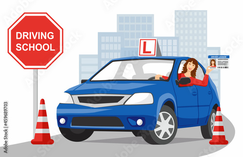 A smiling girl sits in a blue training car and shows her driver license. City landscape in the background. Design concept driving school or learning to drive. Vector illustration in flat style