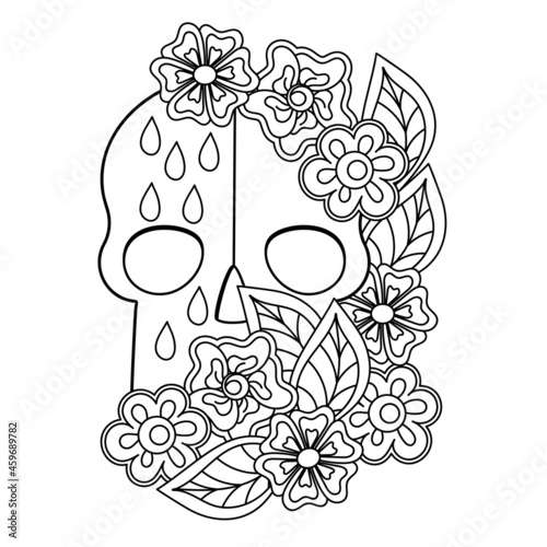 Coloring book . Skull and flowers. Hand Drawn Black and white design. photo