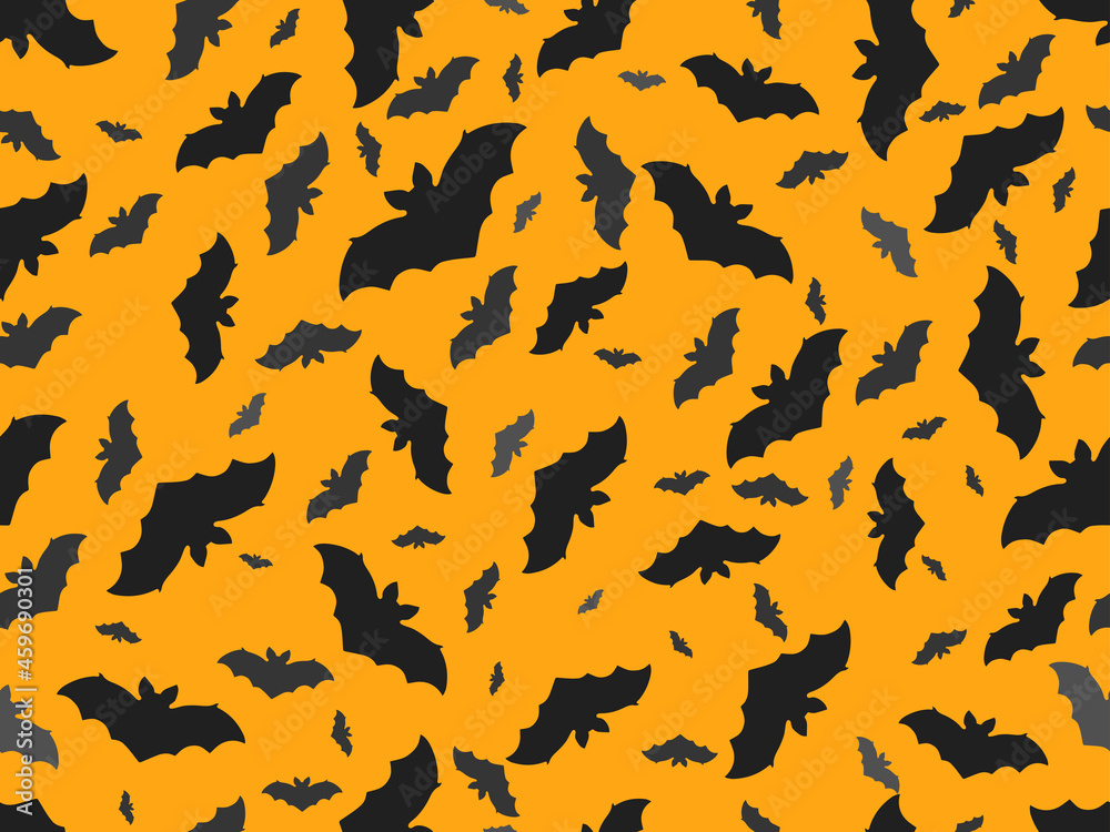Halloween seamless pattern with black silhouettes of bats on an orange background. Design for wrapping paper, banners and advertising materials. Vector illustration Halloween seamless pattern with black silhouettes of bats on an orange background. Design for wrapping paper, banners and advertising materials. Vector illustration