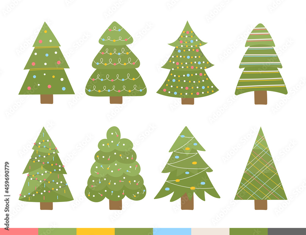 New Year handdrawn collection of Christmas trees for printed materials posters, invitations, banner