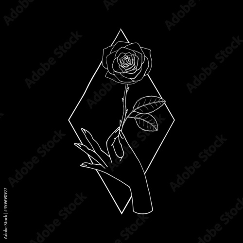 Vintage Mystic Hand holding rose flower drawing on diamond shape background.