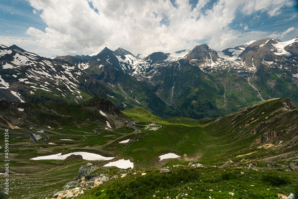 Grossglockner in Austria. Alpine Mountains Dramatic Landscape and Curvy Winding Road at Summer.