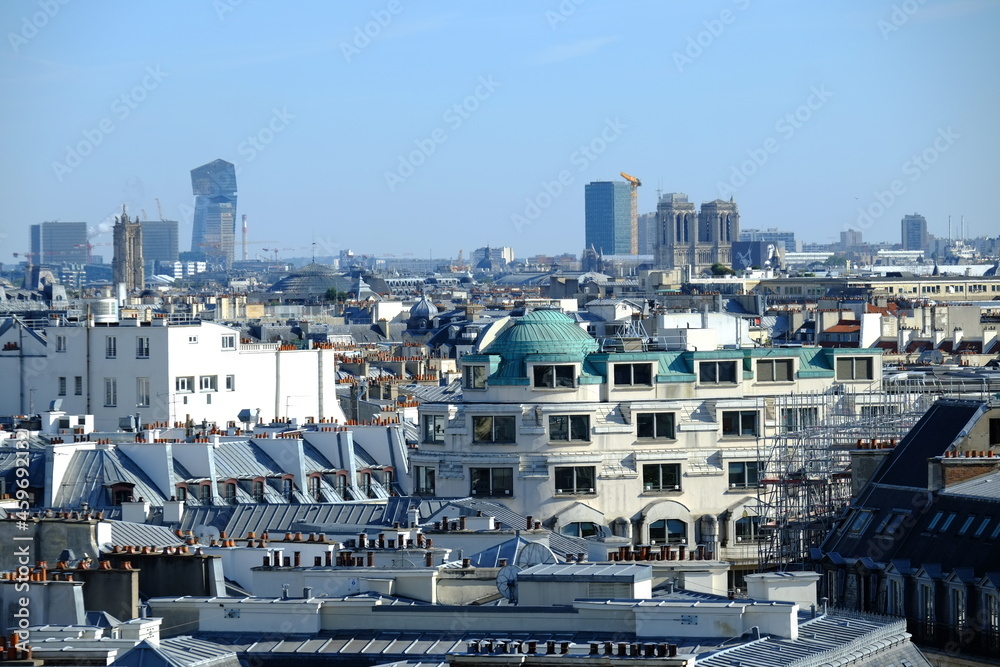 A panoramic view of the skyline of Paris from the terrace of a store located on the Haussmann boulevard. Paris, France the 22 september 2021.