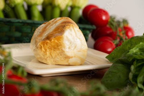 Mozzarella Agerola, Naples, Italy. Typical smoked mozzarella or provola cheese from the Sorrento coast