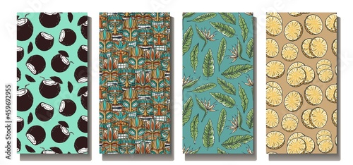Tropical fruit, plants and tiki mask. Exotic coconut and pineapple for summer surfing background. Tropical set of seamless patterns with coco cocktail and flowers for surf hawaii beach party