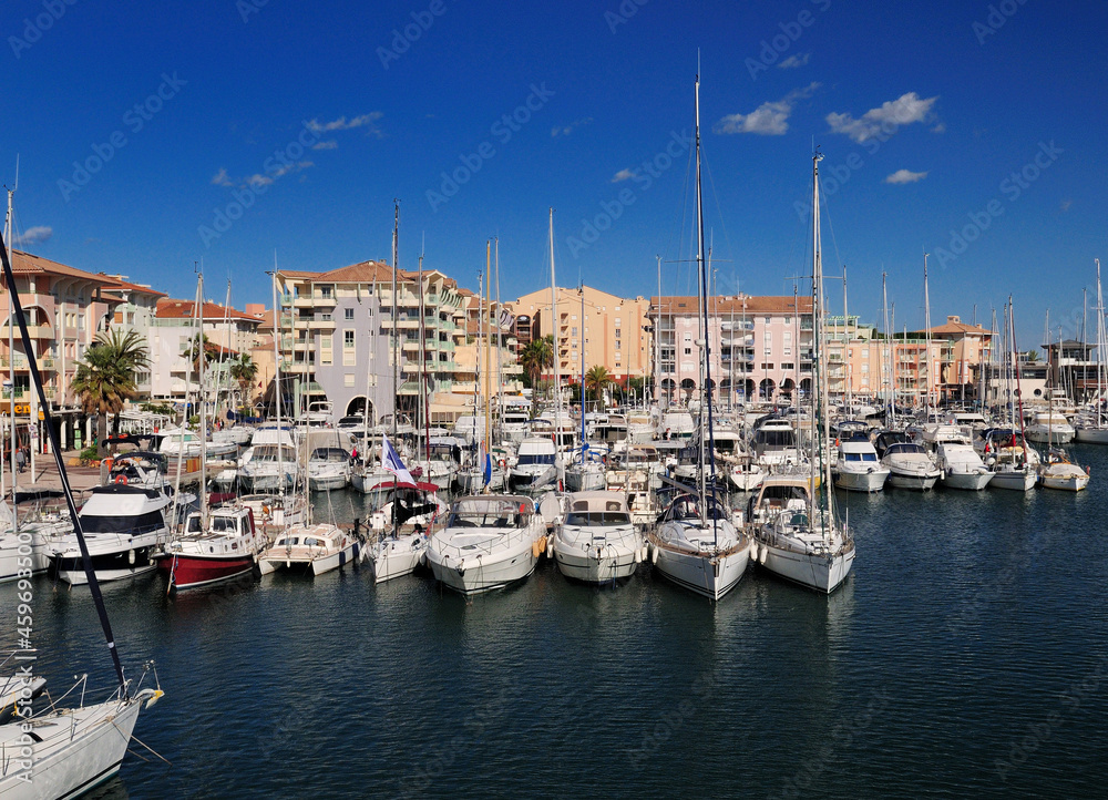 Luxurious Boats In The Yachting Harbour Of Frejus In France On A Beautiful Spring Day With A Clear Blue Sky