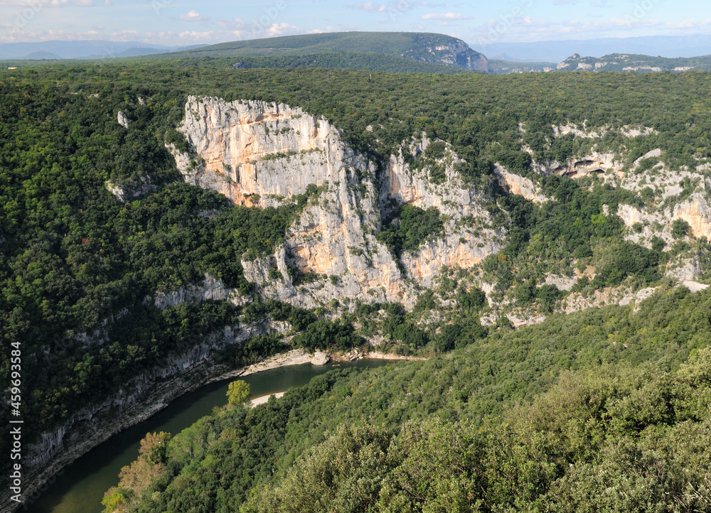 Aerial View Into The Canyon Of The Gorges De L'Ardeche With The Winding River Ardeche In France On A Beautiful Autumn Day