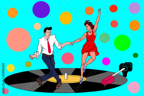 A young couple, dressed in 1970s fashion, performing a swing dance. Disco. Vinyl record on a turquoise background.