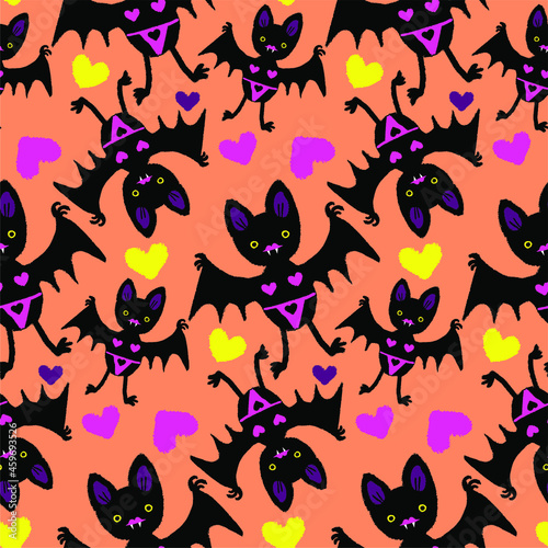 Vector seamless Halloween pattern made up of hearts and funny flying bats in pink sexy lingerie.