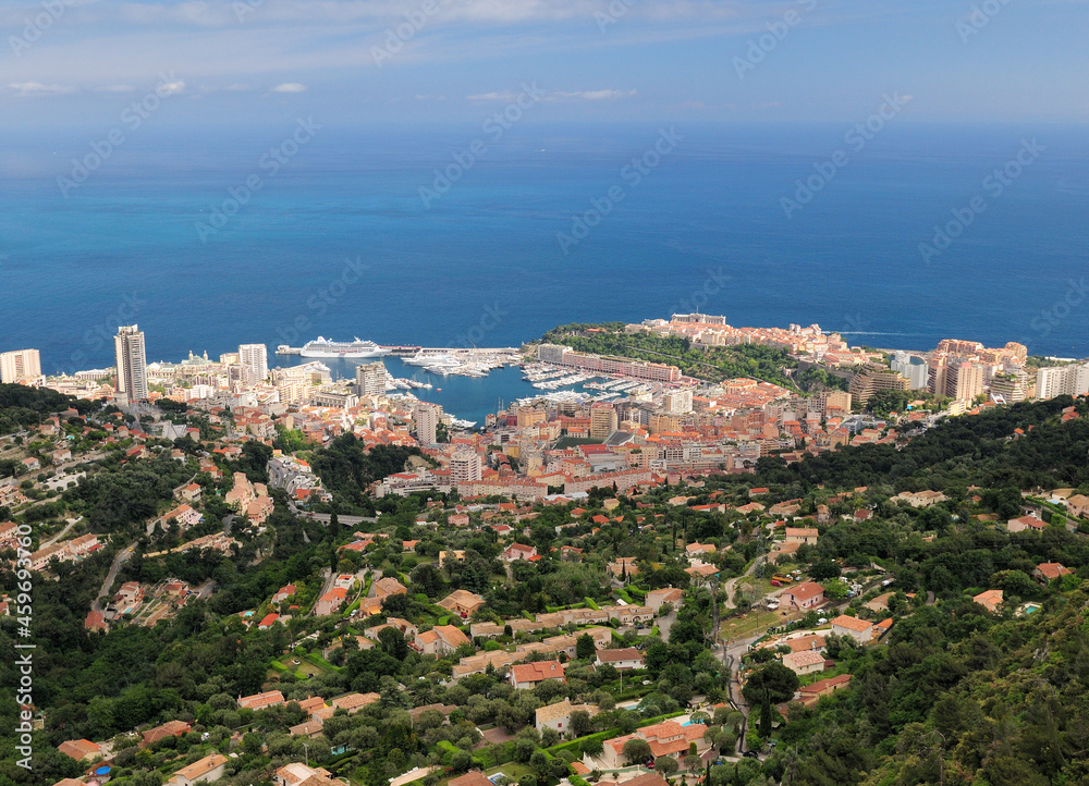 Aerial View To Monaco And The Mediterranean Sea France On A Beautiful Spring Day With A Clear Blue Sky