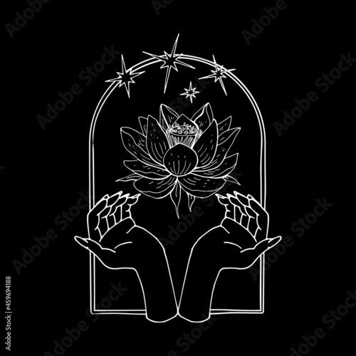 Vintage Mystic hands and lotus flower bloom inside arch with stars Illustration