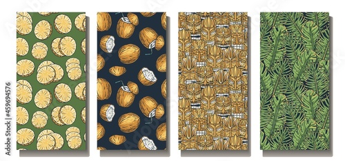 Patterns with tropical plants, exotic fruit and tiki mask. Coconut and pineapple for summer surfing background. Tropical set of seamless patterns for surf hawaii beach party