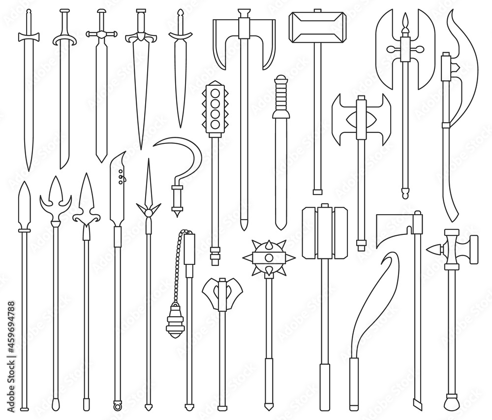 Medieval weapon isolated outline set icon. Vector outline set icon knight sword. Vector illustration medieval weapon on white background. Medieval weapon isolated outline set icon. Vector outline set icon knight sword. Vector illustration medieval weapon on white background.