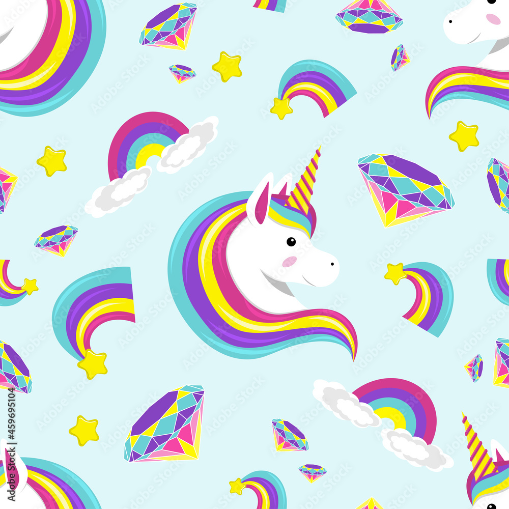 Cute colored unicorn, rainbow, diamond seamless pattern with star background. Vector illustration on blue background.