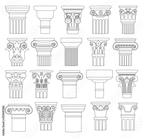 Top of column isolated outline set icon. Vector outline set icon antique pillar. Vector illustration top of column on white background.