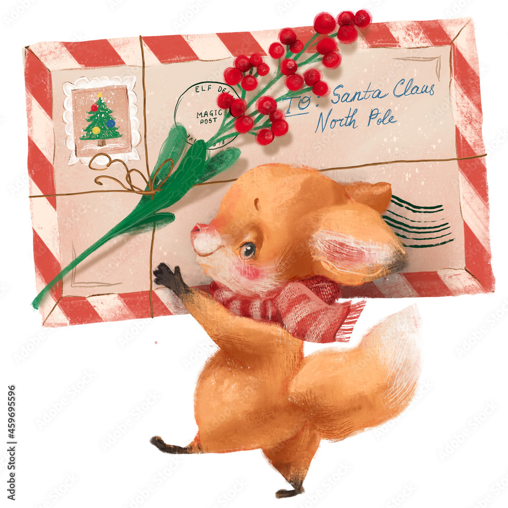 Fototapeta premium Cute little fox with a letter for Santa Claus with a Christmas berries and scarf