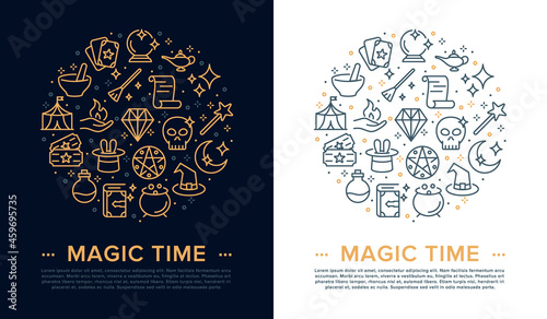 Magic icon. Vector infographic illustration of line magic and circus icons with wand, wizard, magic hat, broom, spell book, fantasy, rabbit, magical sphere. Magician tools for web design, apps.