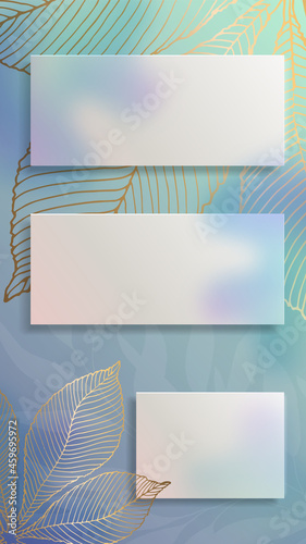 Fototapeta Naklejka Na Ścianę i Meble -  Organizer 3 d. Mobile beautiful background. Blurry plants and branches. Abstraction in pink colors. Glass morphism with blurred gold details. Vector illustration.