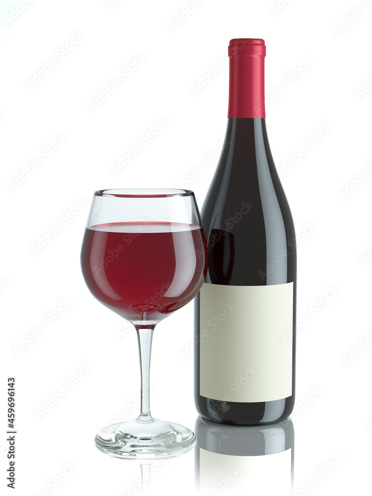 Mockup red wine bottle with blank label and filled goblet glass wine in studio lighting 3D Mockup red wine bottle with blank label and filled goblet glass wine in studio lighting 3D