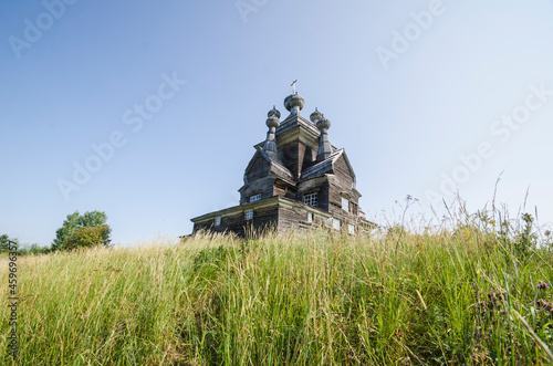 Wooden church in honor of the icon of Our Lady of Vladimir. Russia, Arkhangelsk region, village Zherebtsova Gora 